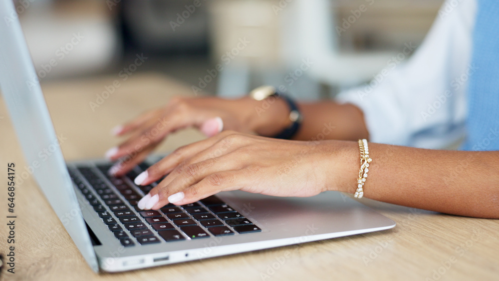 Hands of woman in office with laptop, typing email or online report on business feedback on website 