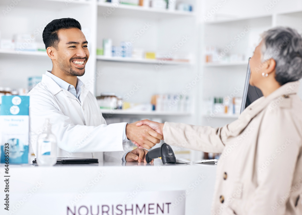 Pharmacist, doctor and people handshake for pharmacy, medical support and customer service at desk. 