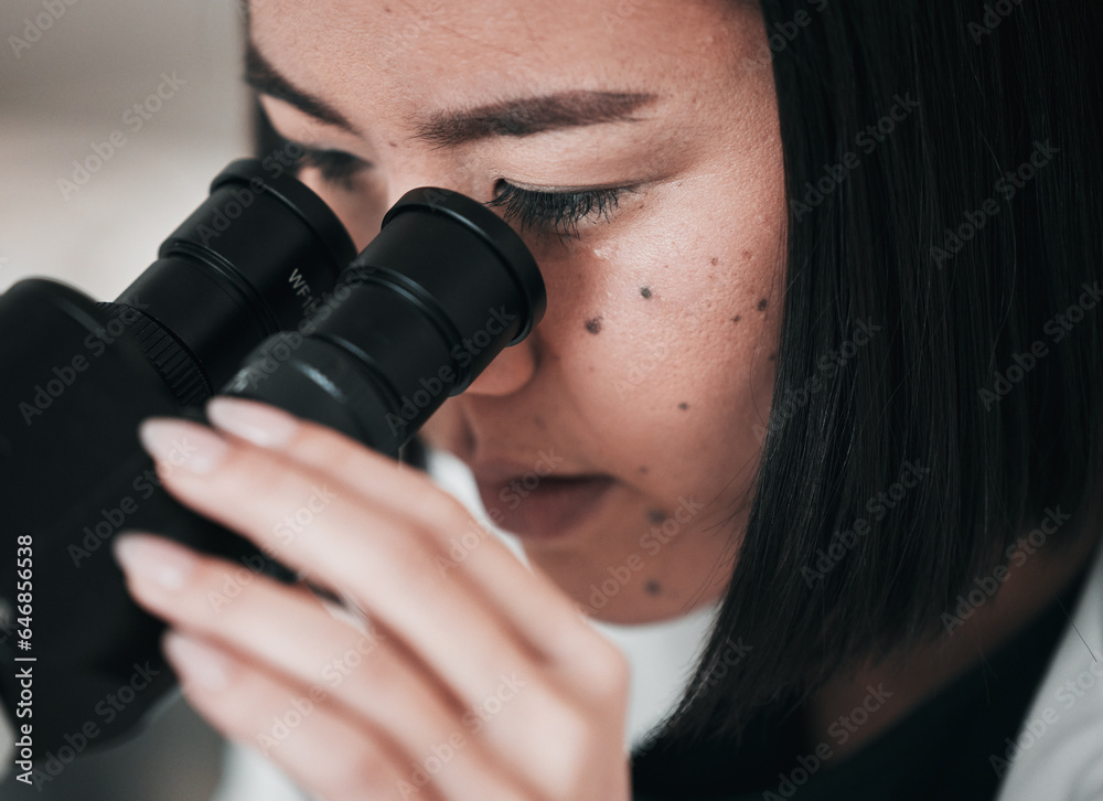 Science, microscope and closeup of Asian woman in laboratory for research, analysis and study. Biote