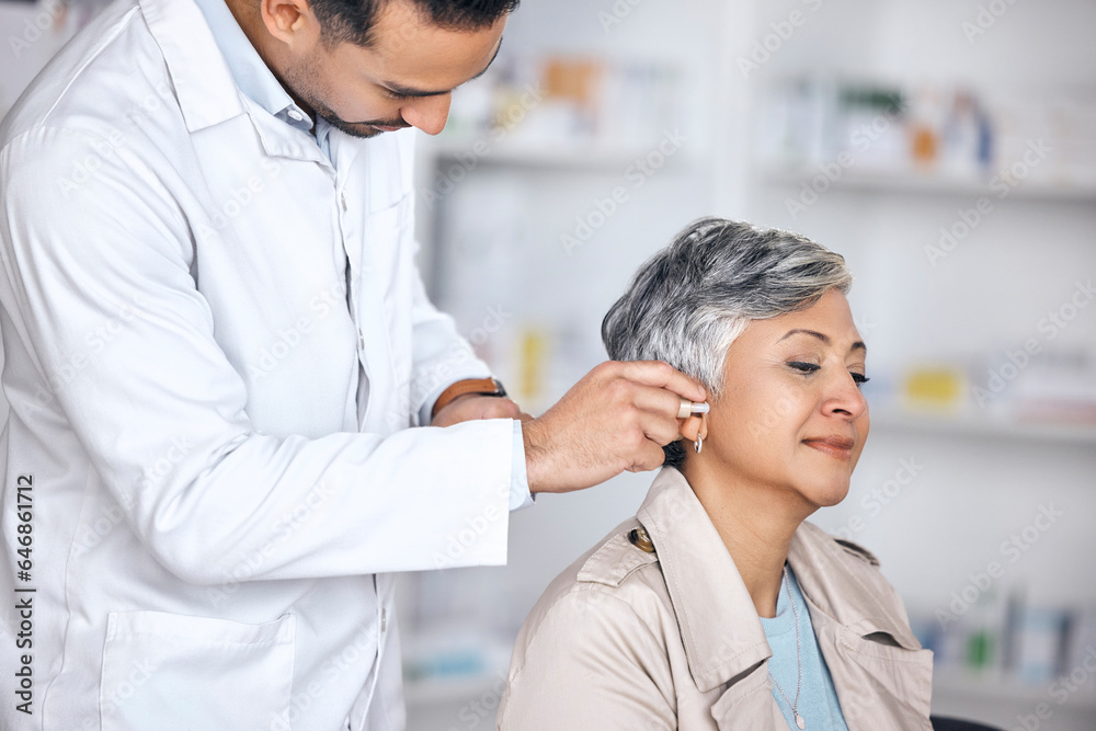 Hearing aid, medical and consulting with doctor and woman with a disability for healthcare, technolo