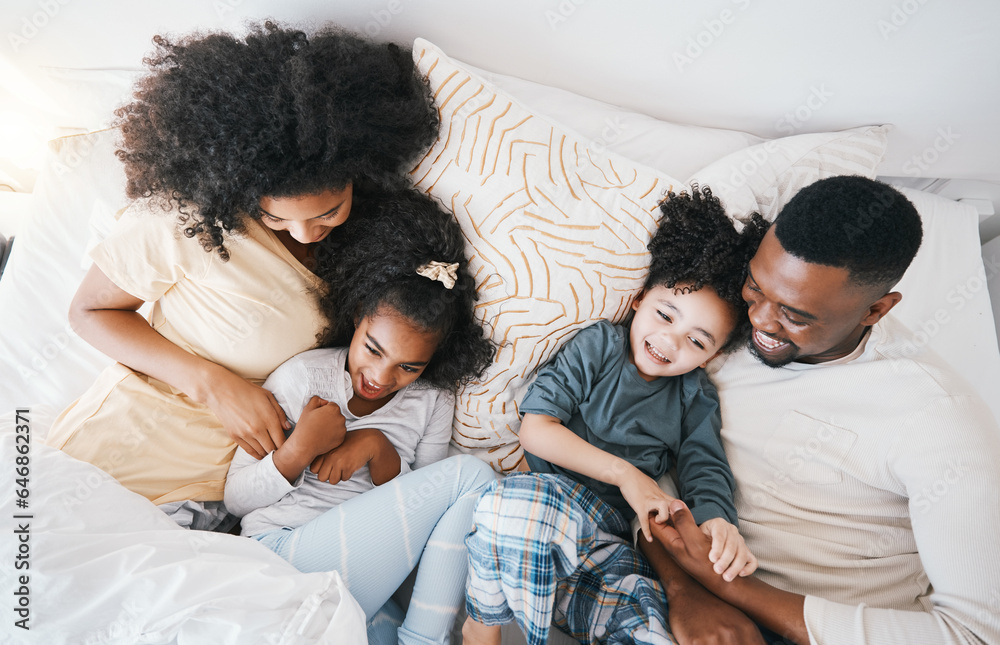 Mom, father and kids in bed with tickling, comic joke and laugh in top view, care and love in family