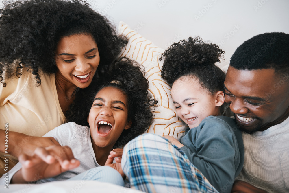 Mom, dad and children in bed with tickling, comic joke and laugh with bonding, care and love in fami