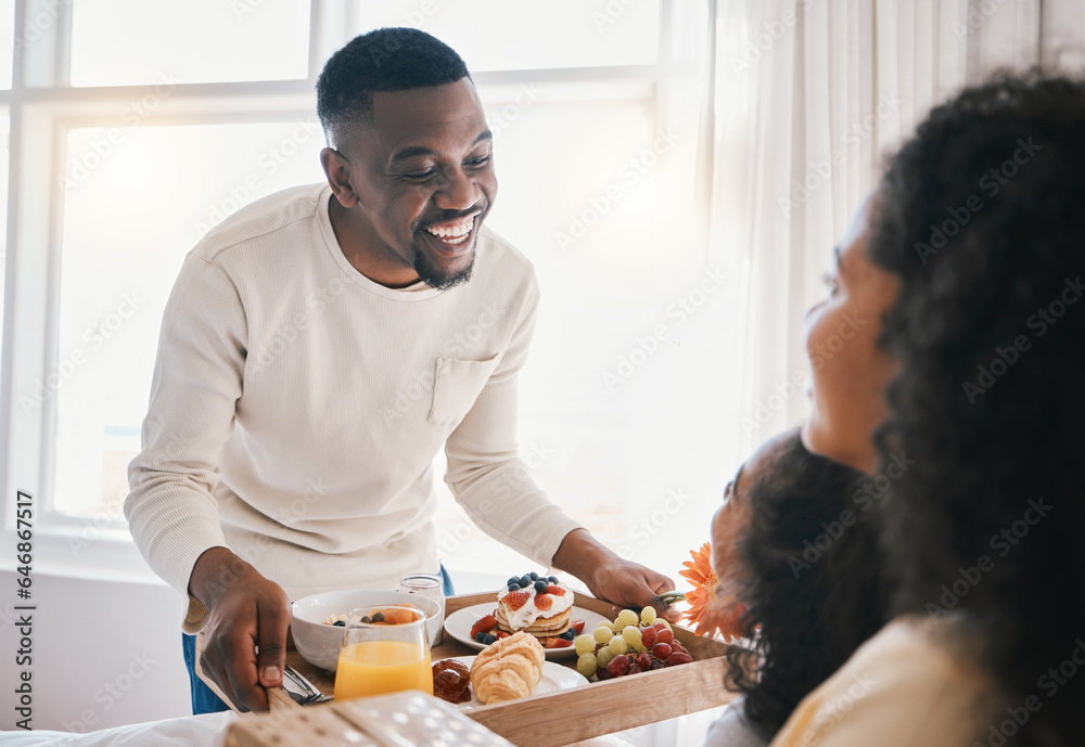 Mothers day, breakfast and family in bed with happy dad, mom and child together in home with love, c