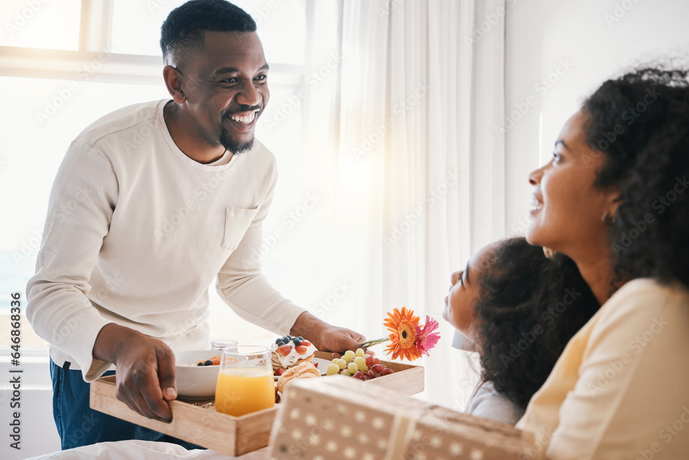 Mothers day, breakfast and family in bed with happy dad, mom and child together in home with love, c