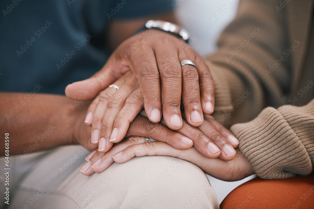 Hands of couple in therapy for marriage counselling, support and love with relationship advice. Trus