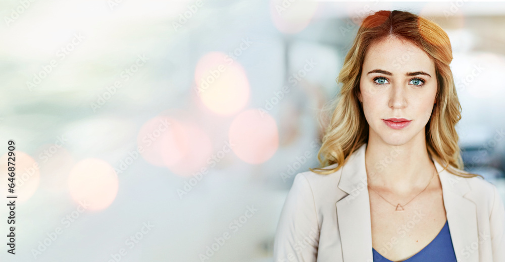 Serious, business woman and portrait in office mockup for accounting, financial advisor or professio