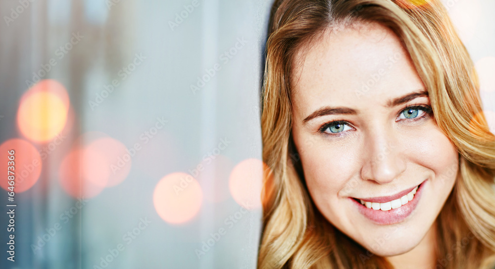 Beauty, skincare and portrait of woman with smile and natural face for cosmetics or dermatology on b