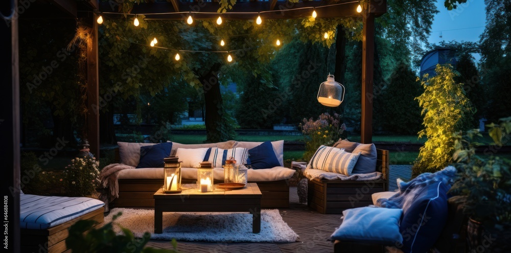 Rooftop terrace decorated with outdoor lighting and pillows