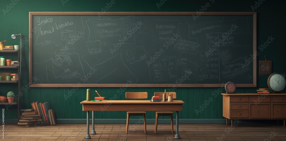 A classroom with a blackboard, desk, pens, and school supplies