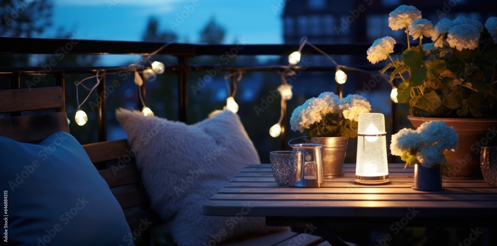 Rooftop terrace decorated with outdoor lighting and pillows