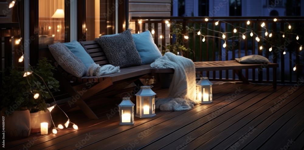 Rooftop terrace decorated with outdoor lighting and pillows