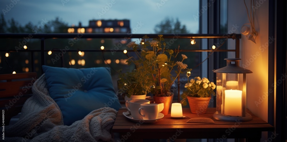 Rooftop terrace decorated with outdoor lighting and pillows