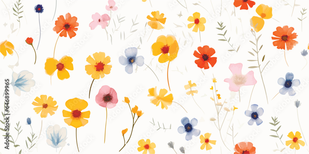 Floral seamless pattern with pressed flowers and leaves burgundy and delicate yellow colors. Waterco