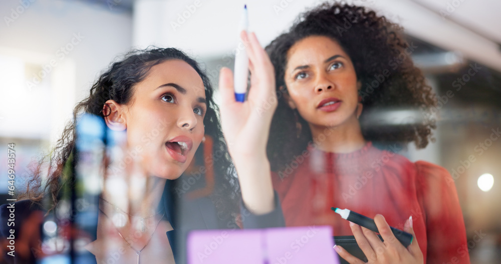 Planning, strategy and business women on glass board teamwork, collaboration and creative ideas for 