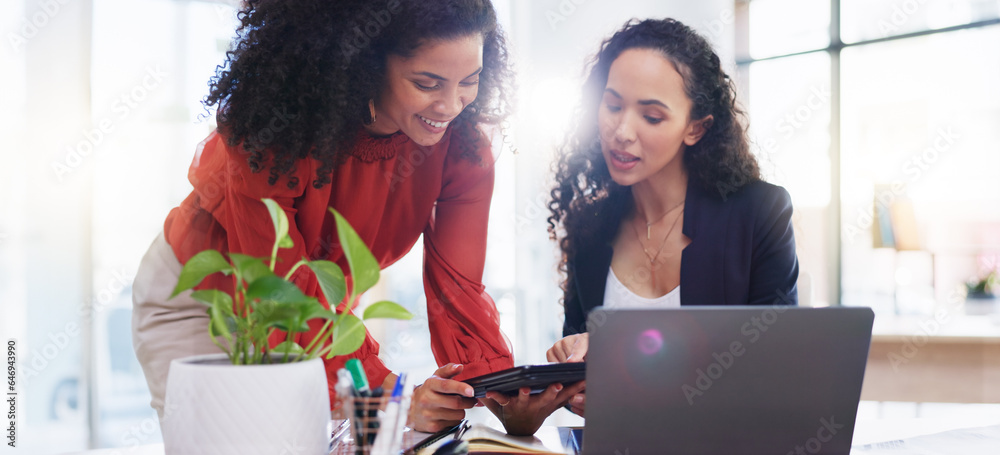 Teamwork, tablet and business women in office helping coworker with project. Coaching laptop, collab