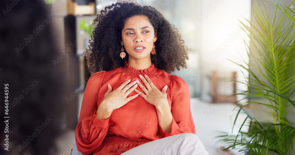 Woman patient talking in therapy session, counseling or psychology for stress, anxiety or mental hea