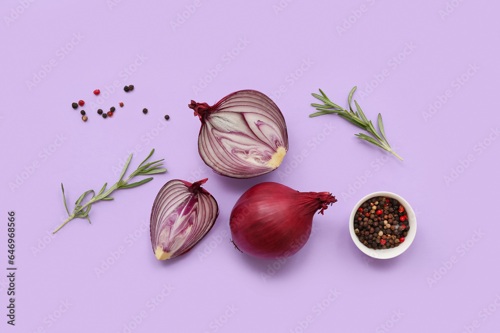 Fresh red onions, rosemary and peppercorn on lilac background