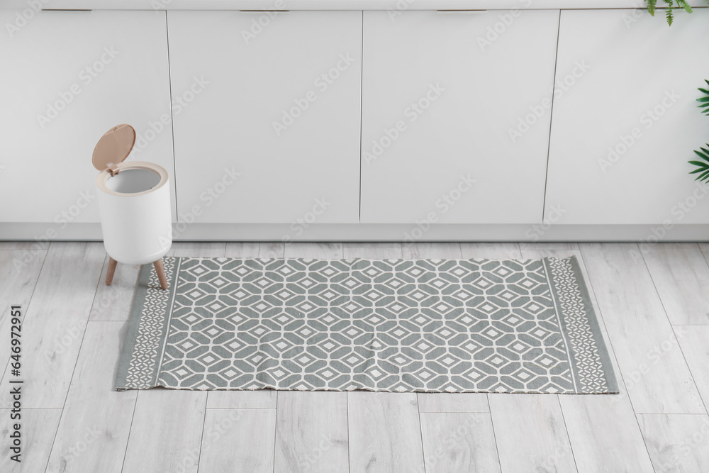 Stylish rug and trash bin on floor in kitchen