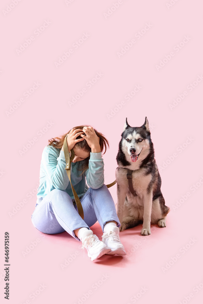 Depressed young woman with husky dog on pink background