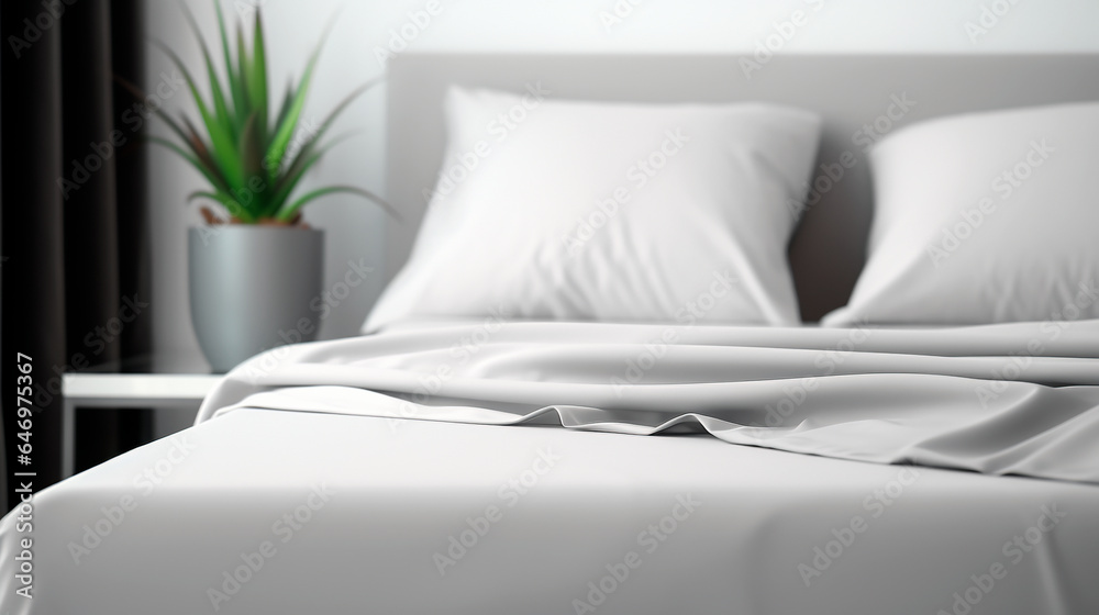 Bedroom interior. White room with natural white simplistic design with green plant, light from the w