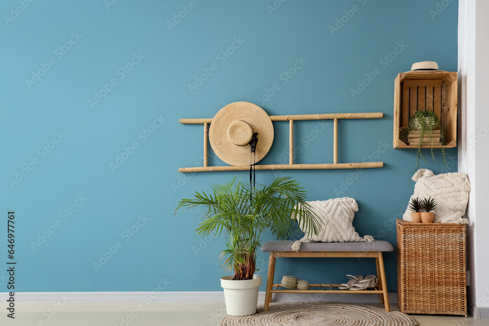 Bench with pillows, female accessories, wicker basket and houseplants near blue wall in hall