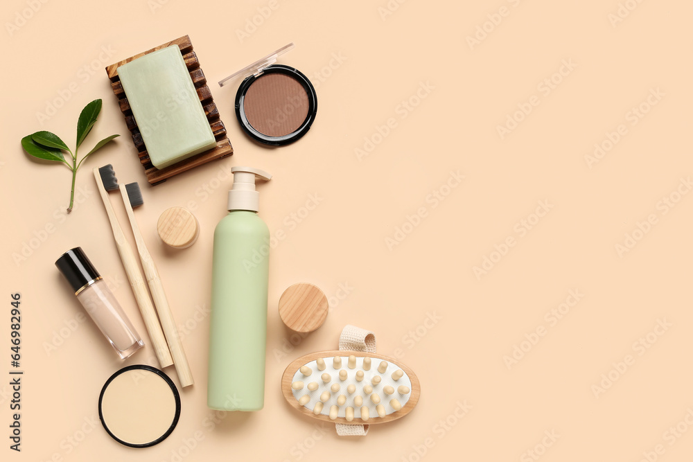 Composition with different bath accessories and cosmetics on color background