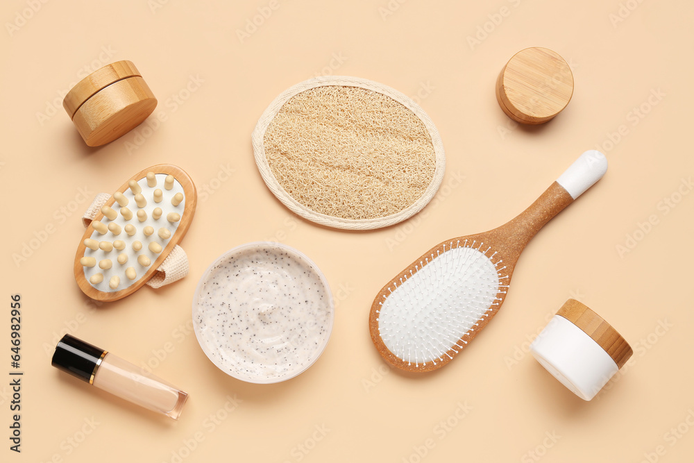 Composition with different bath accessories and cosmetics on color background