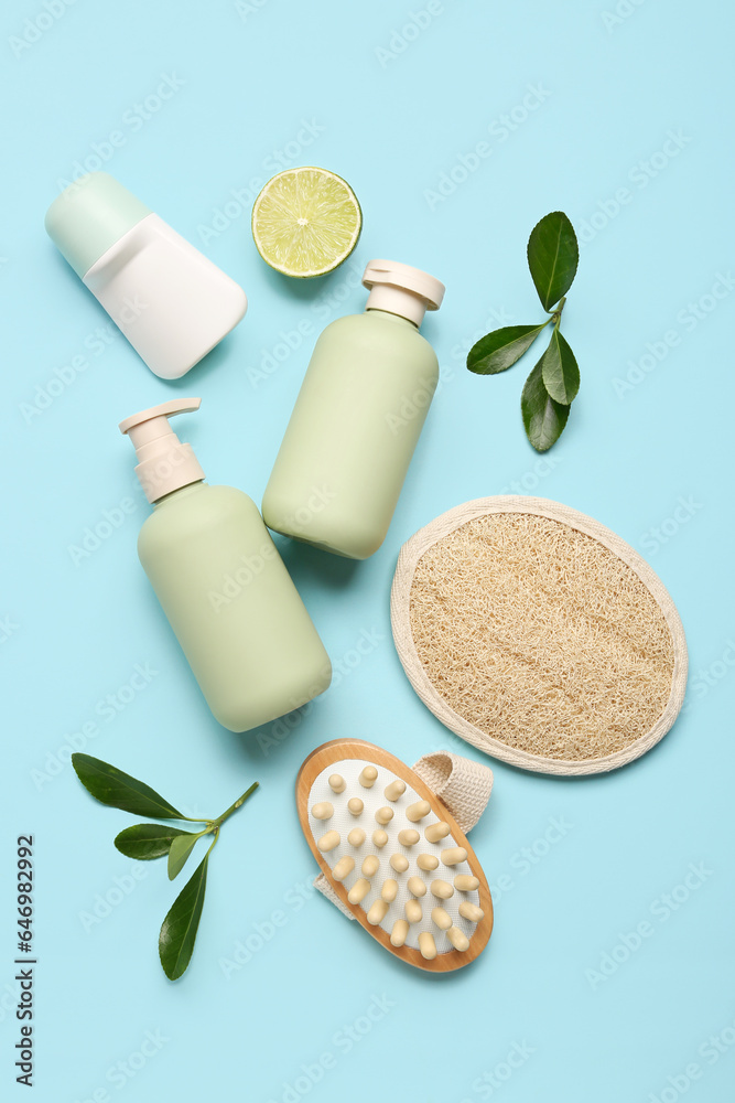 Composition with cosmetics and bath supplies on color background