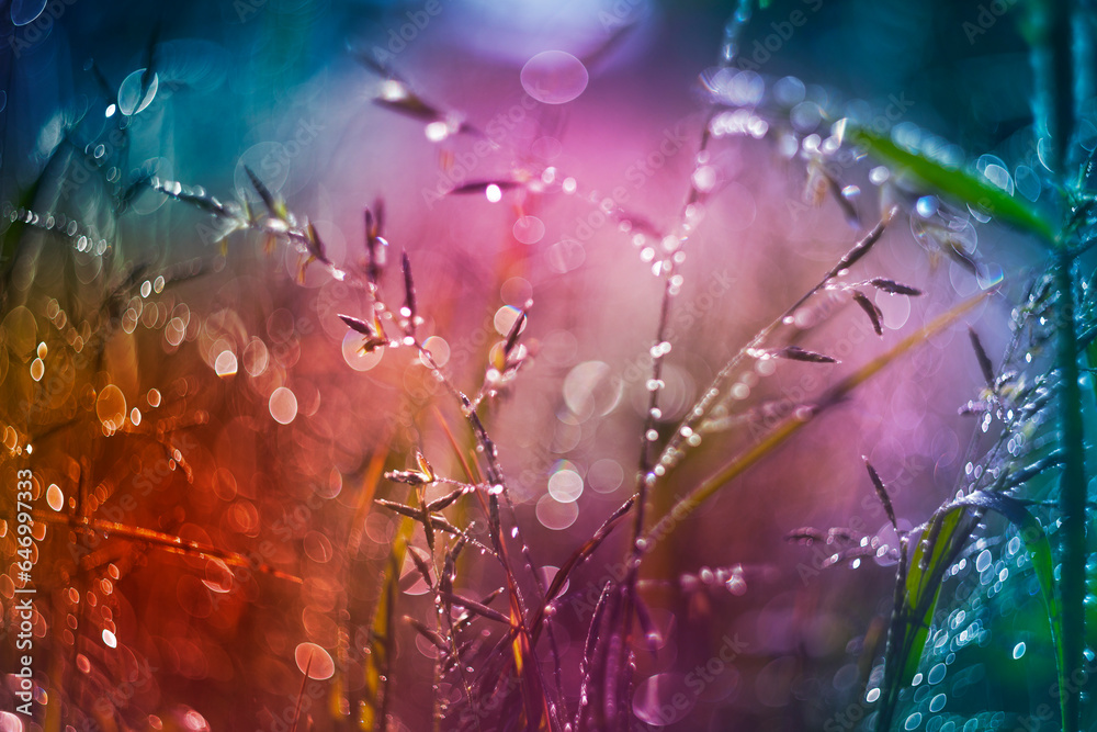 dewy grass on a morning meadow with beautiful light bokeh