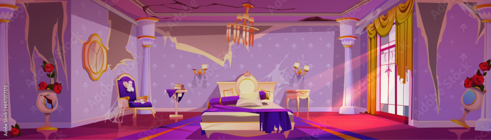 Abandoned victorian style bedroom. Vector cartoon illustration of messy room with broken armchair, d