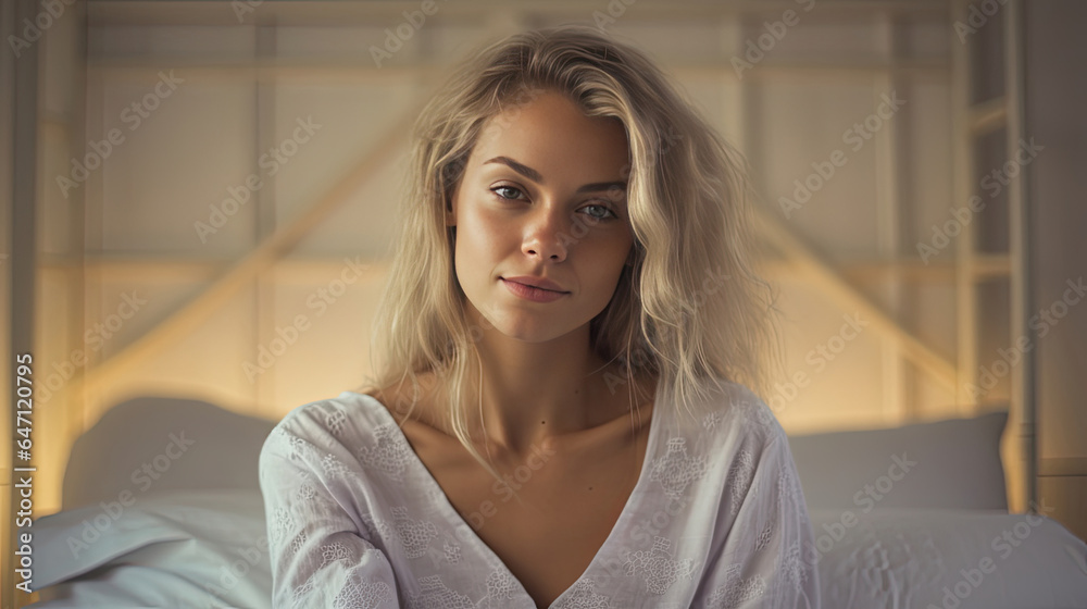 a Beautiful young woman wearing thin white pajamas in the bedroom. Generative Ai