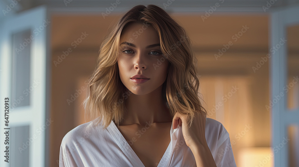 a Beautiful young woman wearing thin white pajamas in the bedroom. Generative Ai