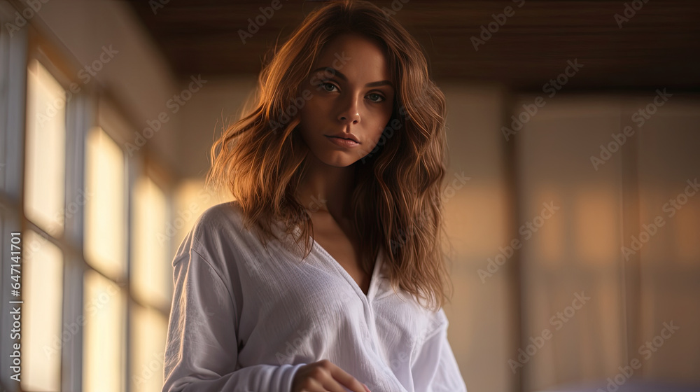 a Beautiful young woman wearing thin white pajamas in the bedroom. Generative Ai