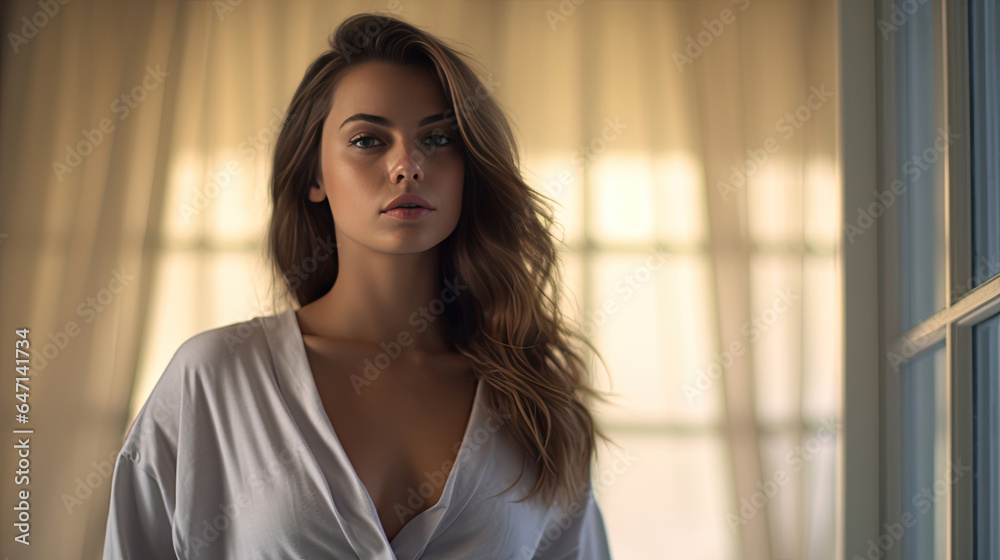 a Beautiful young woman wearing thin white pajamas in the bedroom. Generative Ai