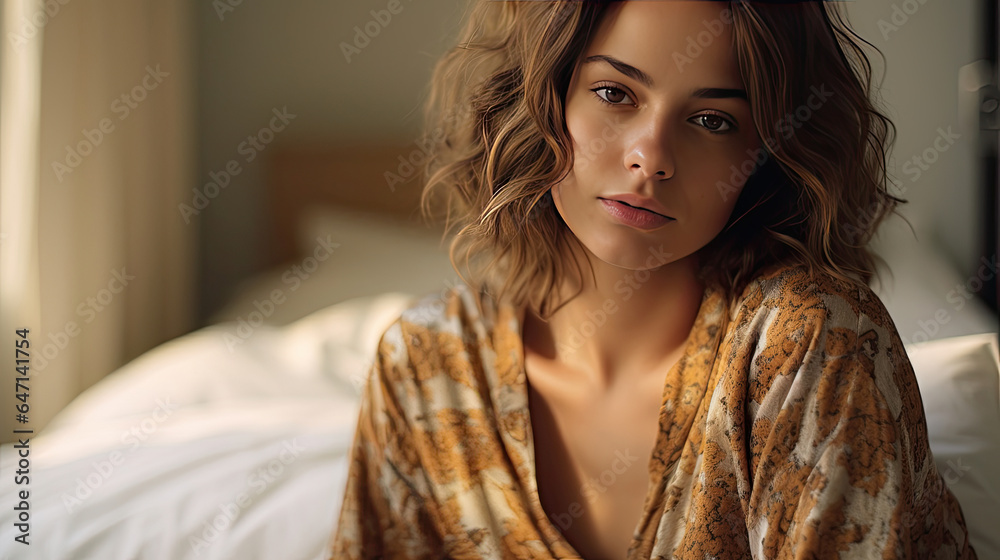 a Beautiful young woman wearing pajamas in the bedroom. Generative Ai