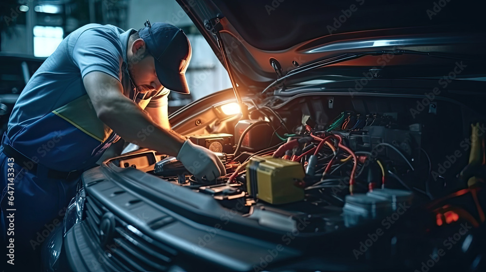 A technician check the electrical system inside the car. Car mechanic working repair in auto repair 