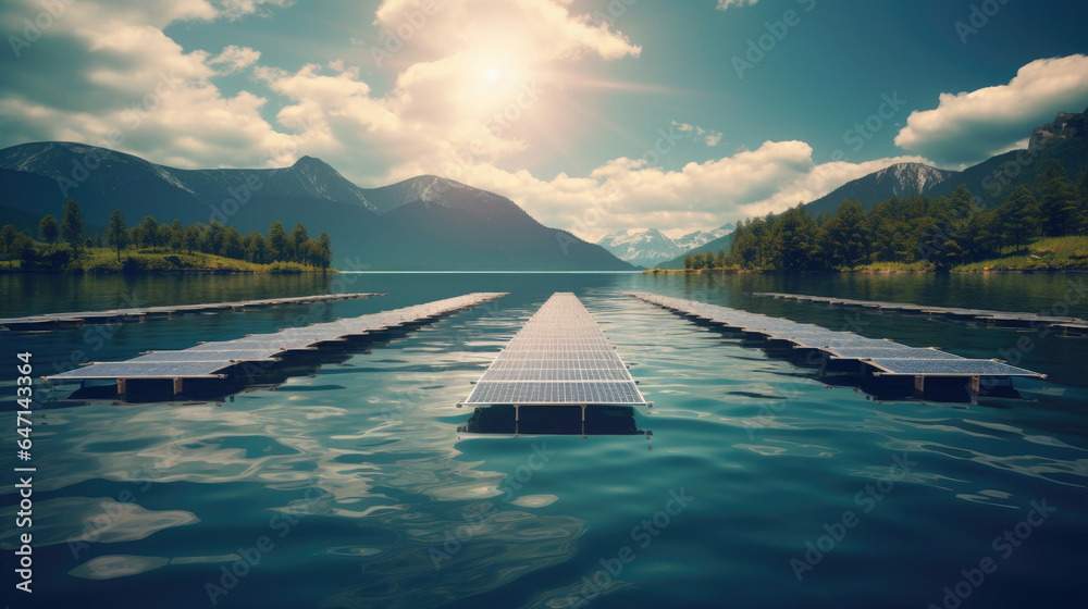 Floating solar farm on a serene lake, harnessing solar energy while minimizing land use. Clean energ