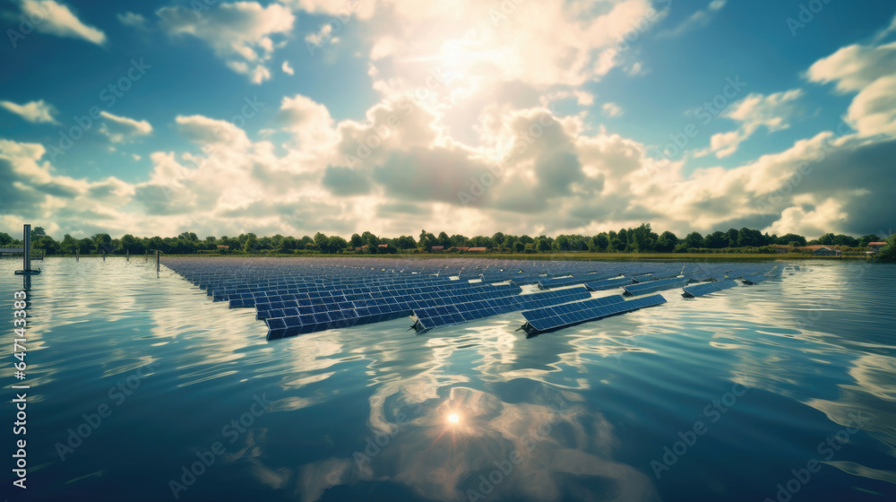 Floating solar farm on a serene lake, harnessing solar energy while minimizing land use. Clean energ