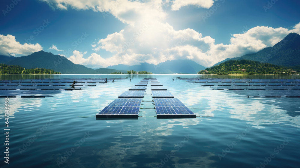 Floating solar farm on a serene lake, harnessing solar energy while minimizing land use. Clean energ