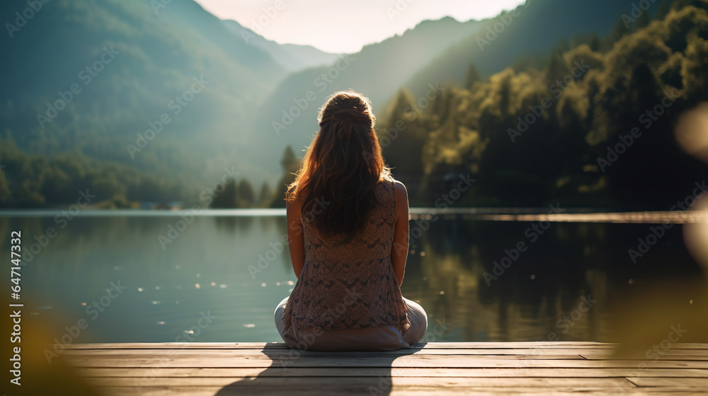 Young girl practice yoga on wooden pier with a view on lake and beautiful landscape. Generative AI