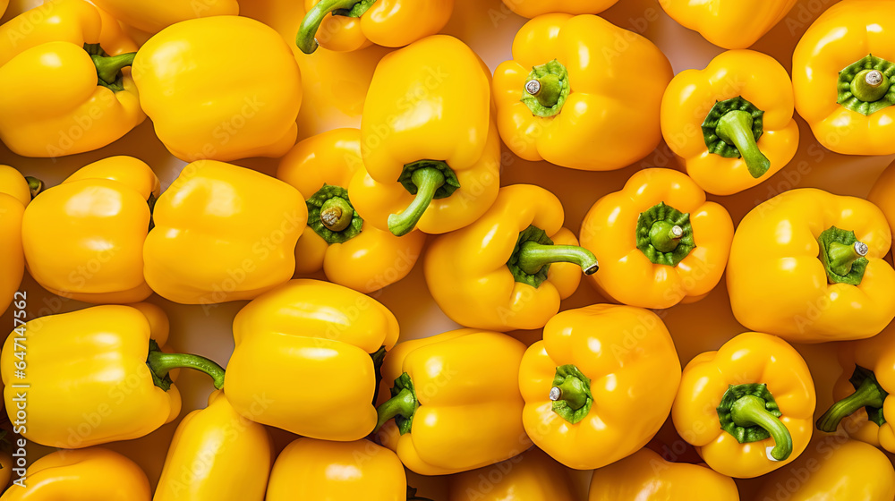 Fresh yellow bell peppers with water drops background. Vegetables backdrop. Generative AI