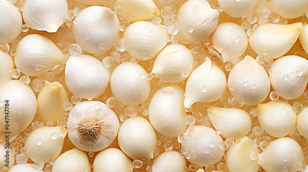 Fresh garlic with water drops background. Vegetables backdrop. Generative AI