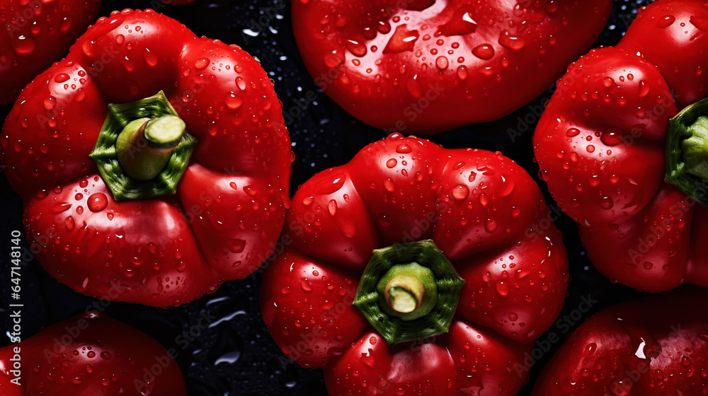 Fresh red bell peppers with water drops background. Vegetables backdrop. Generative AI