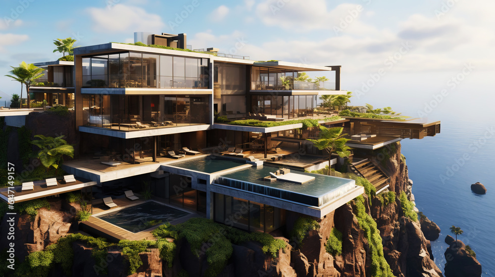 Luxury contemporaty villa on a mountain hill with a view on ocean. Generative AI