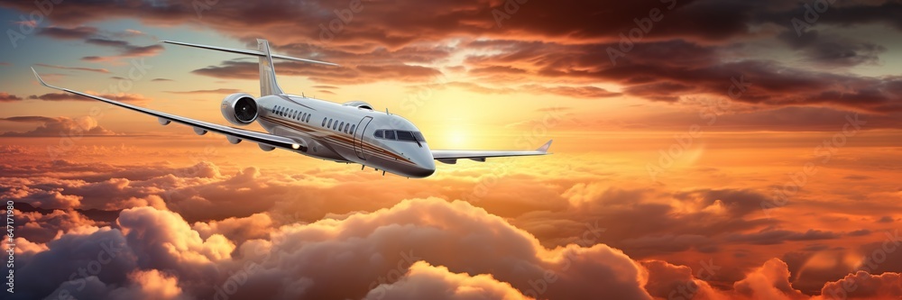 Luxury private jet flying above the clouds, beautiful sunset on background. Travel and airplane conc