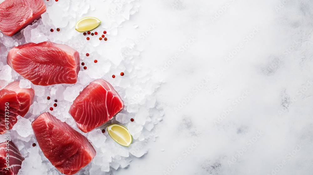 Slices of tuna fish on the ice cubes. Fresh fish fillet. Seafood background. Generative AI