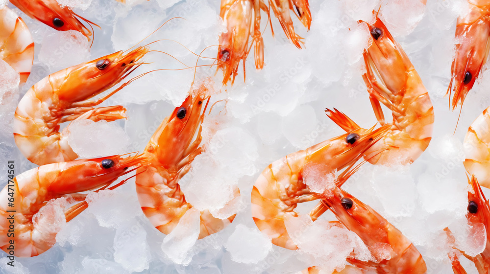 Top view of raw whole shrimps on ice. Seafood background. Generative AI