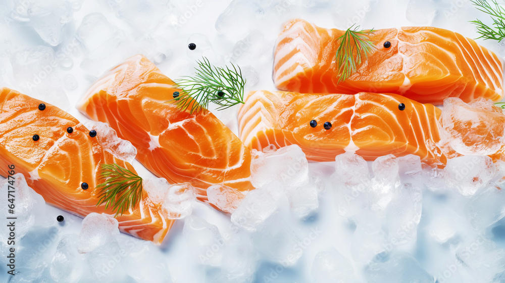 Fresh salmon fillet on ice. Red tasty fish meat. Seafood background. Generative AI