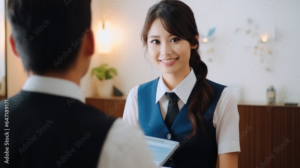 Asian female receptionist comes to ask for information about customers staying at the hotel.