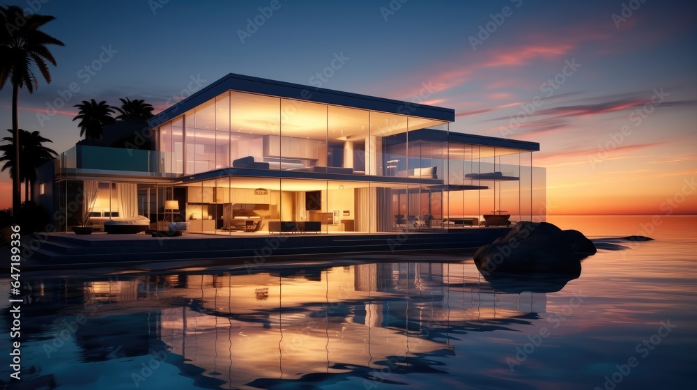 Luxury house, Beautiful glass home on an ocean beach at sunset.